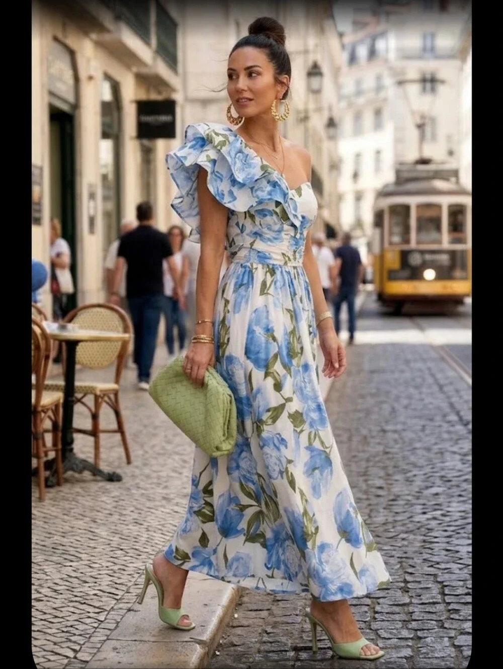 Ruffle Floral Asymmetricam Midi Voluminous Dress With Pockets